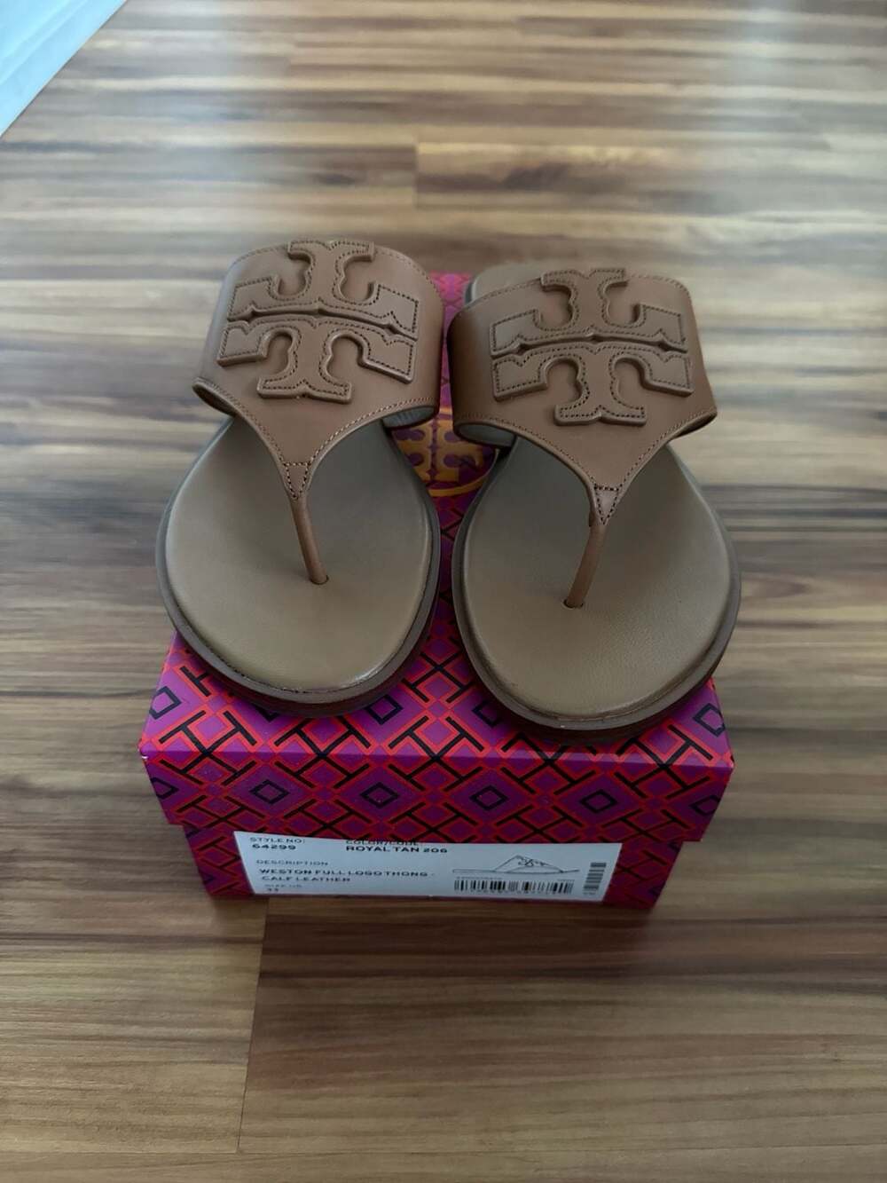 Tory Burch Weston Full Logo Thong Calf Leather Sandals in Royal Tan
